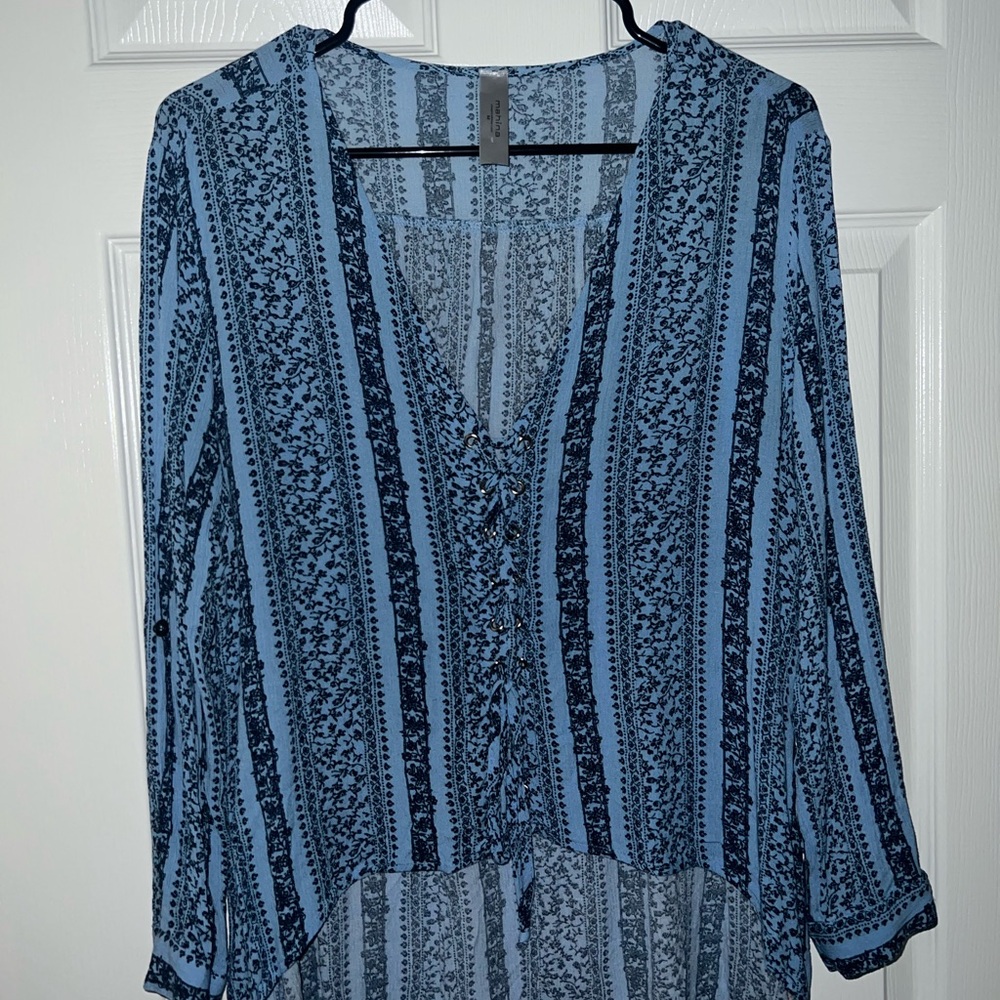 Mahina Blue and Black Patterned Blouse